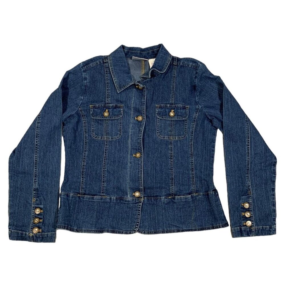 Erika & Co Womens Medium Button-Up Denim Jean Jacket Blue Rhinestones Pockets